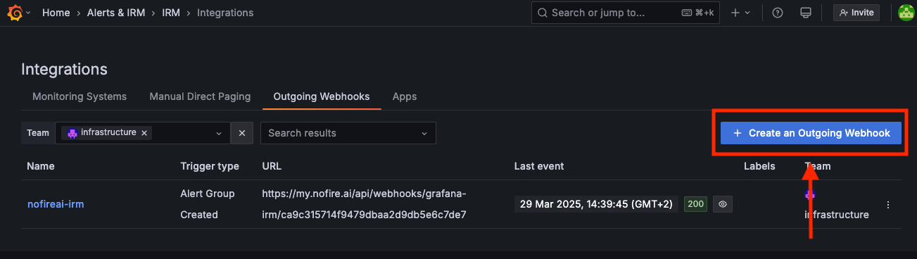NOFire AI Grafana Irm Grafana Stack Service Account Token Create Outgoing Webhook Pn