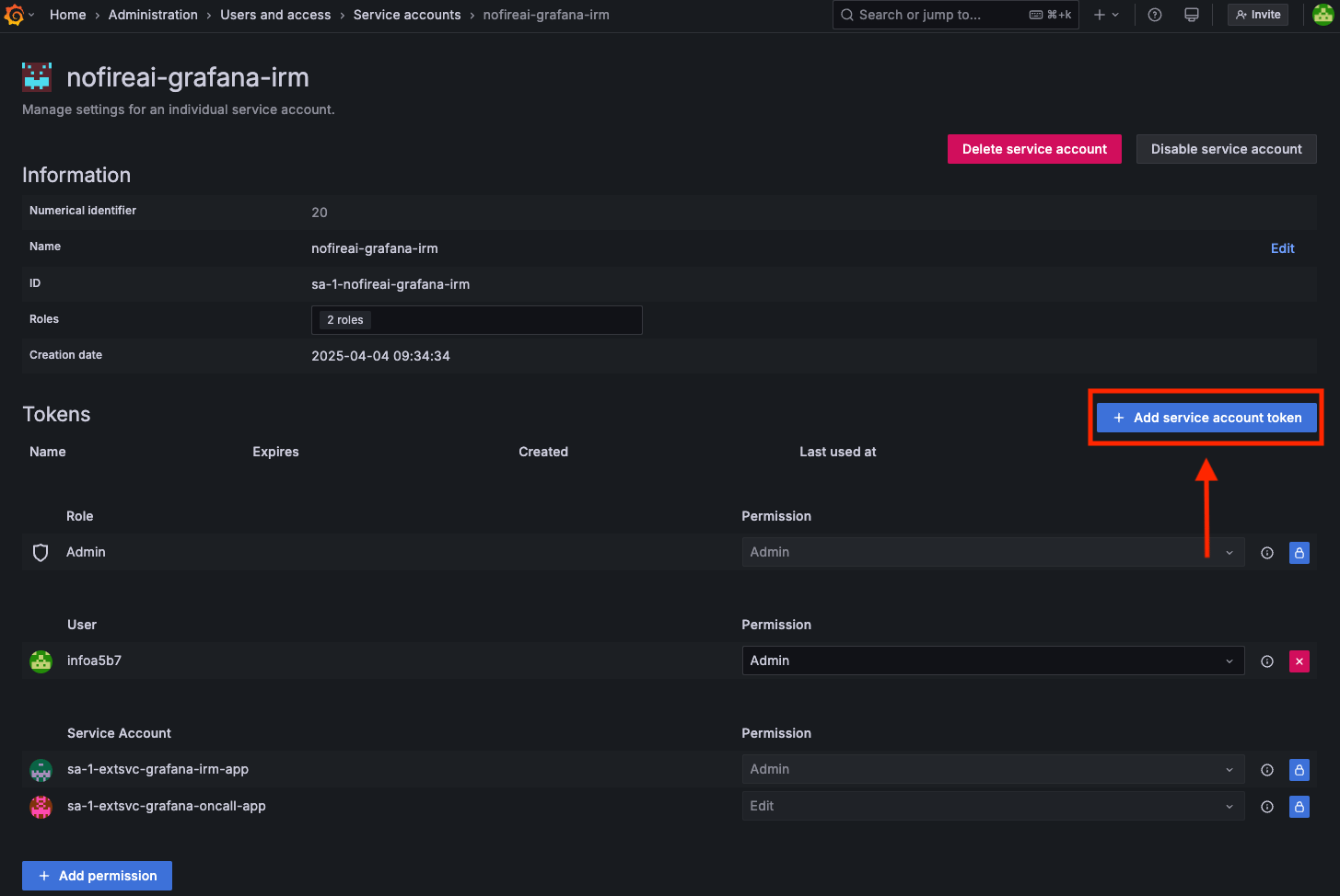 NOFire AI Grafana Irm Grafana Stack Service Account Token Create Pn
