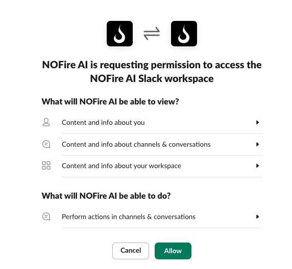 NOFire AI Slack Connection Form Auth Flow Pn