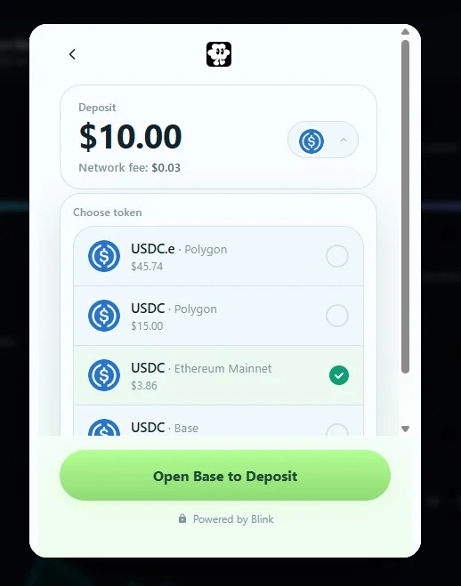 Blink deposit flow showing coin selection screen with available options