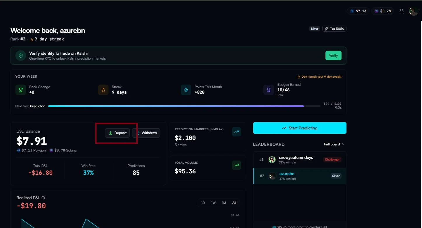 Noma dashboard with Deposit button highlighted