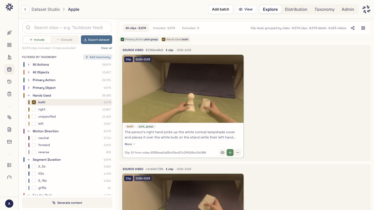Dataset Studio Explore view with Primary Action set to pick_grasp and Hands Used set to both, alongside a matching clip