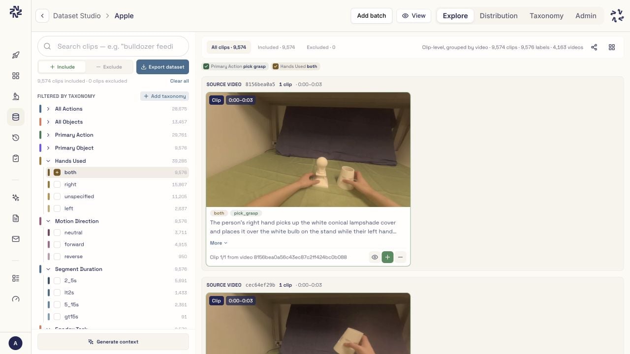 Dataset Studio Explore view with Primary Action set to pick_grasp and Hands Used set to both, alongside a matching clip