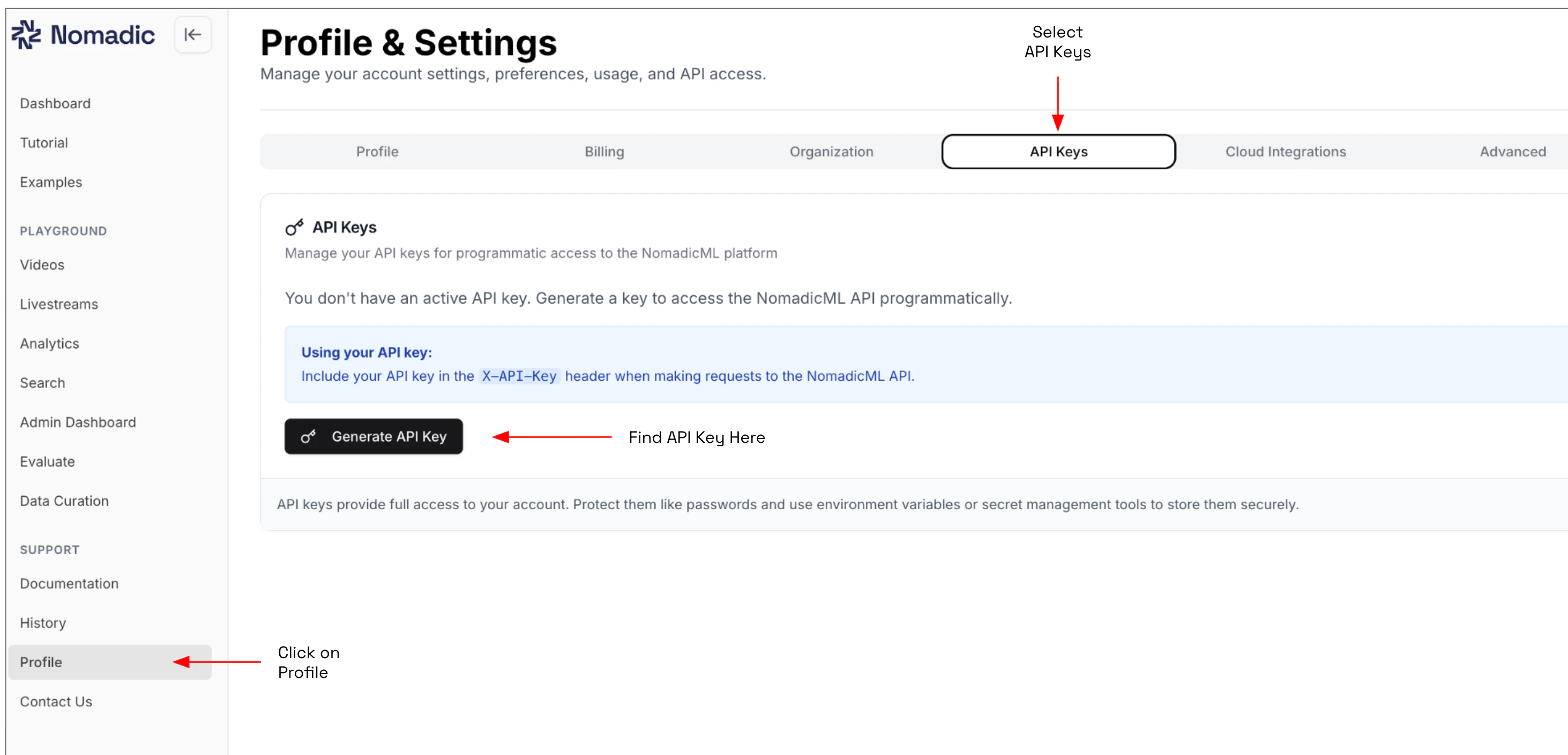 Nomadic API Keys screen