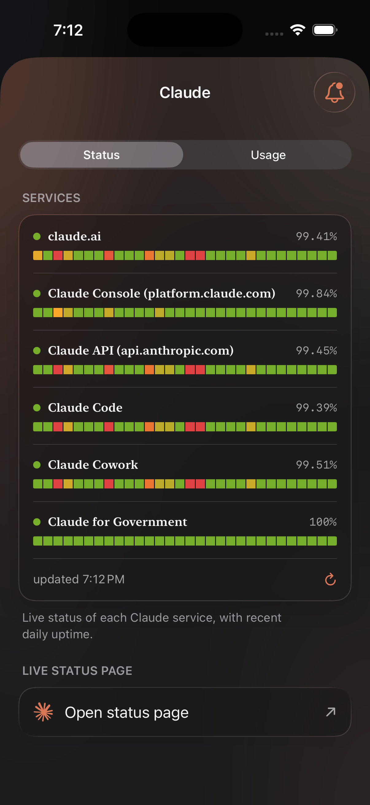 La pestaña Estado de Nomo para Claude, con cada servicio, su estado y su historial de disponibilidad
