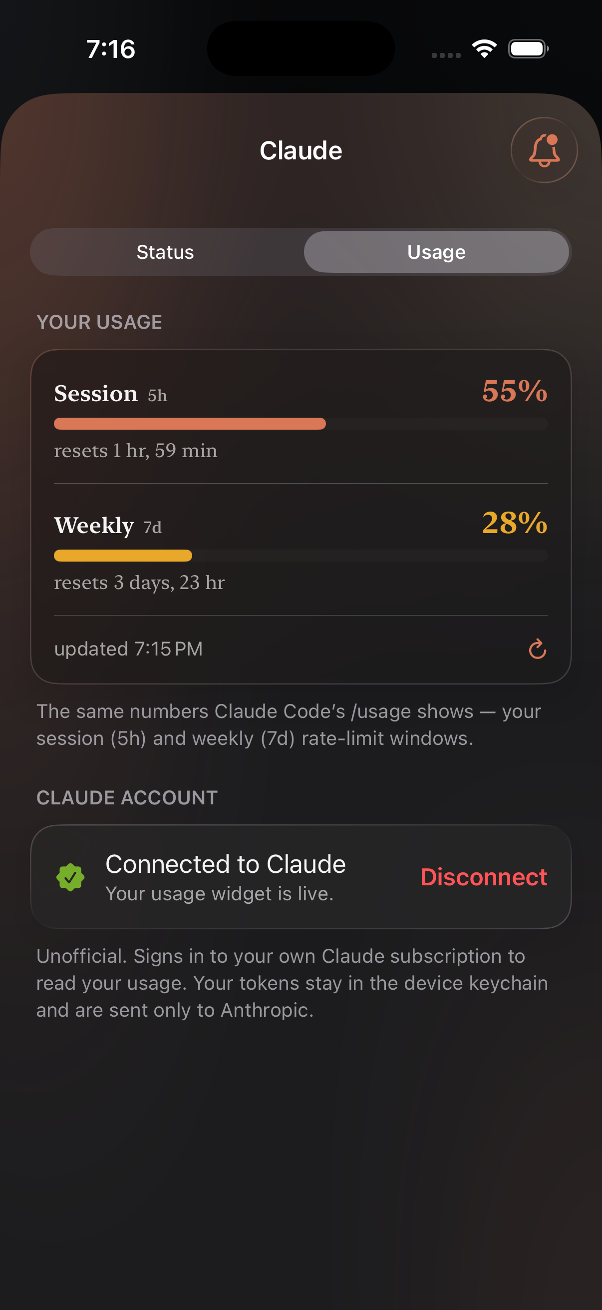 Nomo's Usage tab showing Claude's session and weekly limits