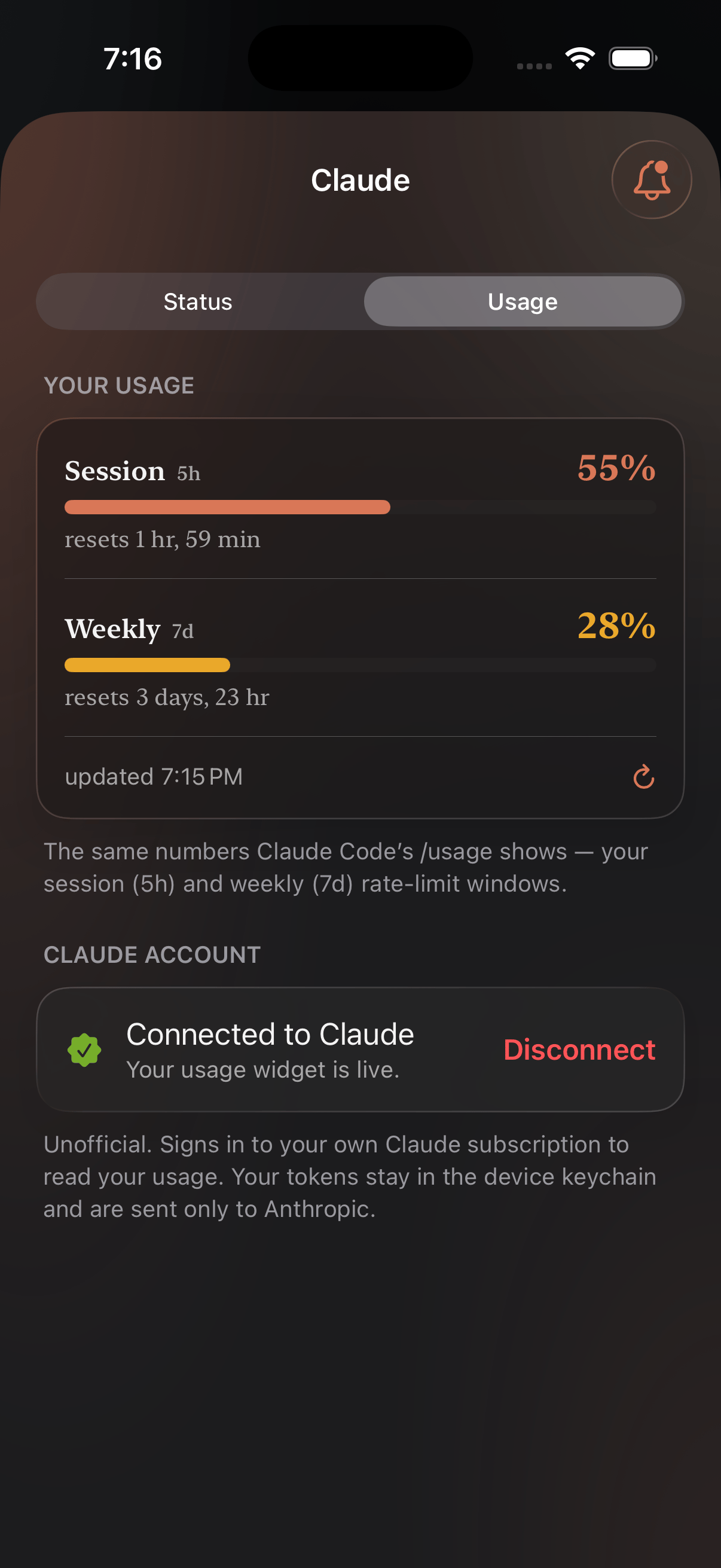 Nomo's Usage tab showing Claude's session and weekly limits