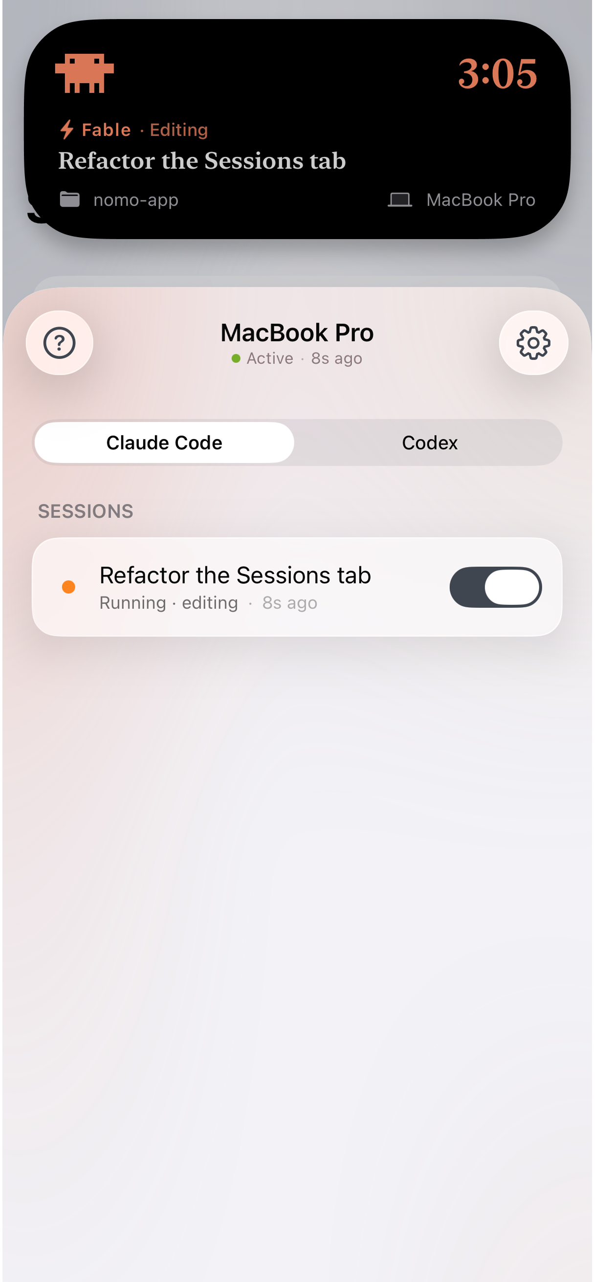 Una sesión de Claude Code titulada Refactor the Sessions tab, mostrada como Live Activity y como fila en la pestaña Sesiones de Nomo