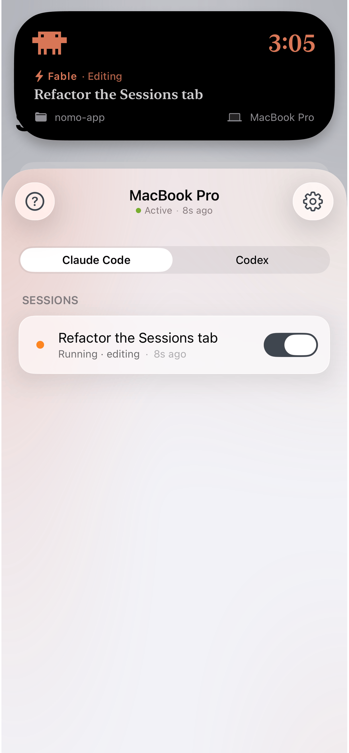 Una sesión de Claude Code titulada Refactor the Sessions tab, mostrada como Live Activity y como fila en la pestaña Sesiones de Nomo