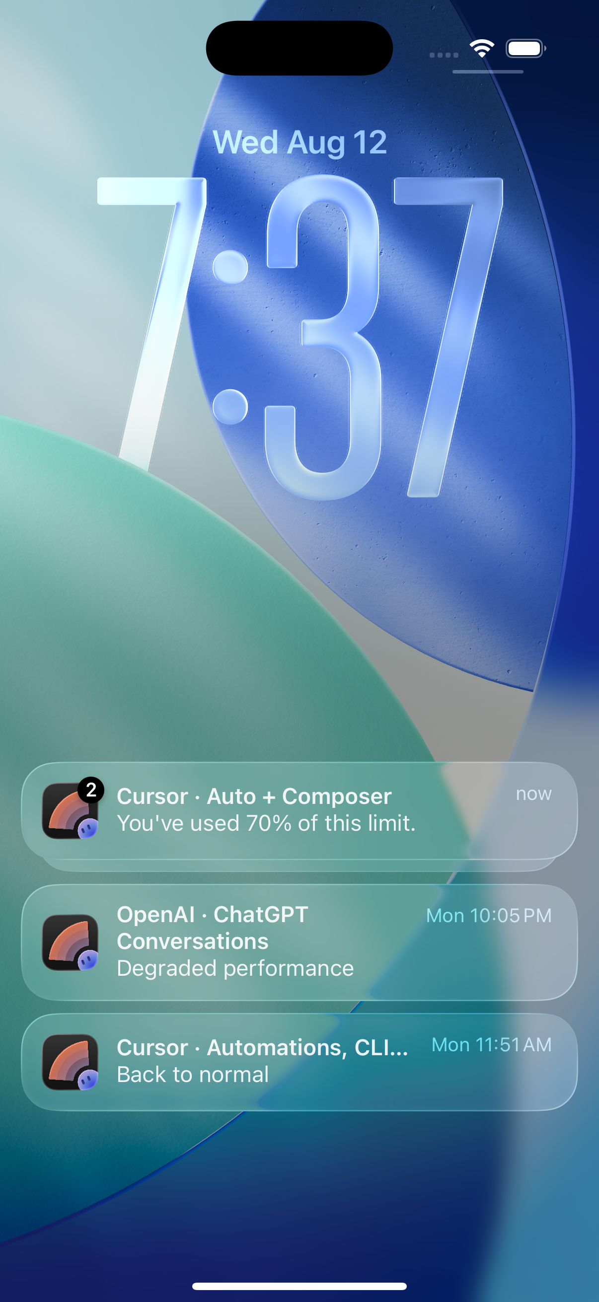 Lock Screen showing a Cursor usage alert at 70%, an OpenAI degraded-performance alert, and a back-to-normal alert
