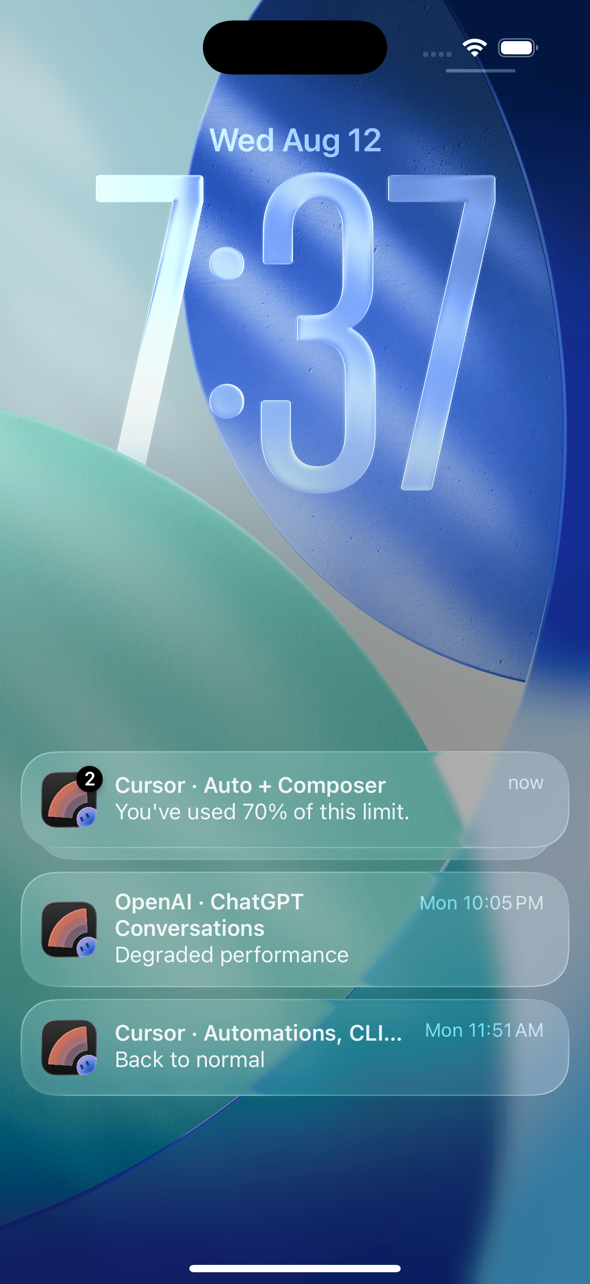 Lock Screen showing a Cursor usage alert at 70%, an OpenAI degraded-performance alert, and a back-to-normal alert