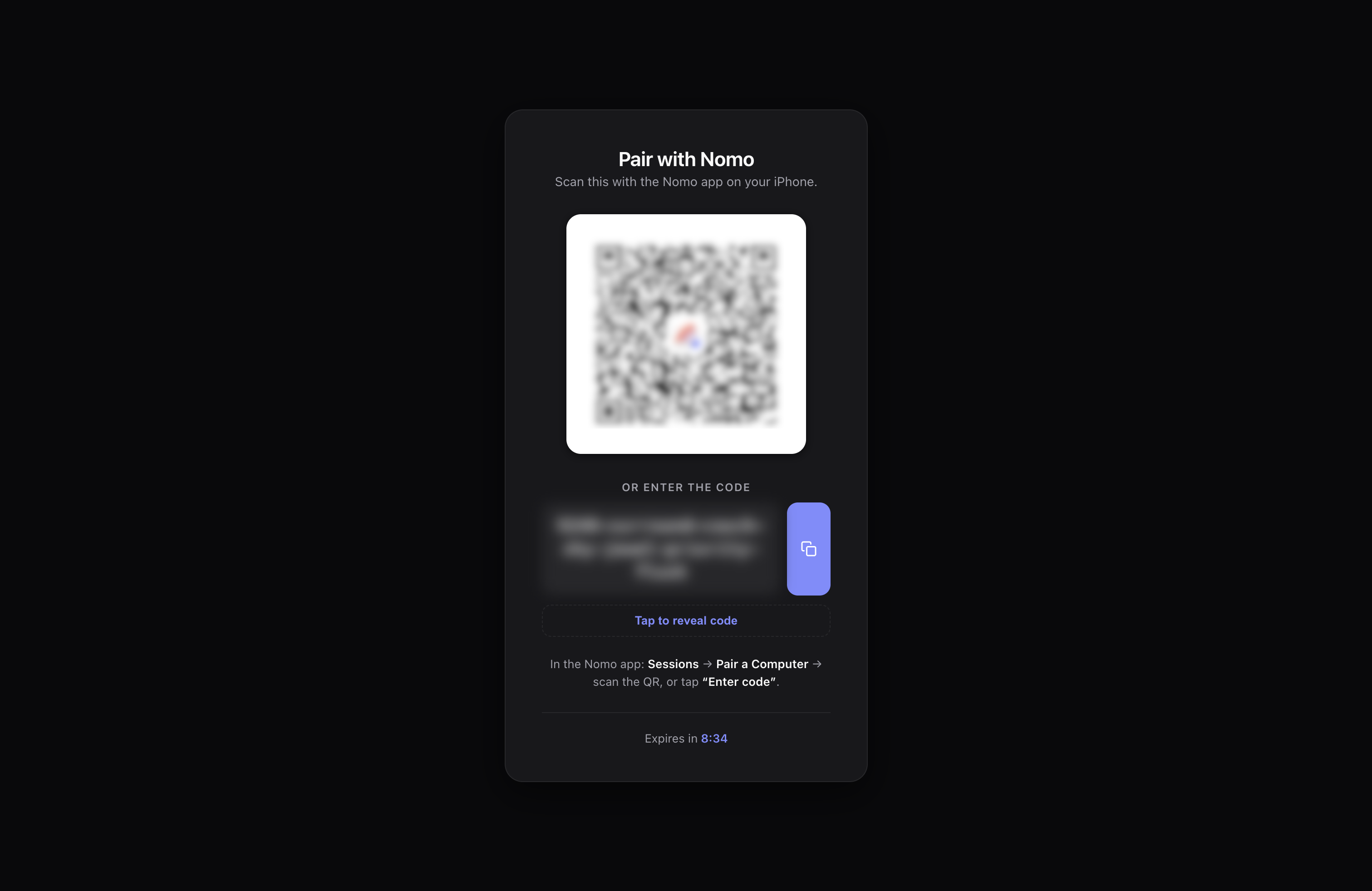 The Nomo pairing page showing a QR code and a click-to-reveal one-time code