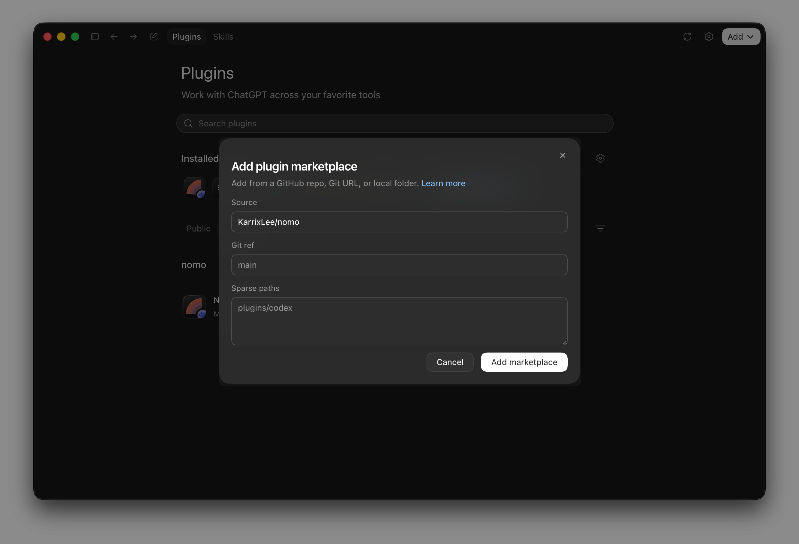 The Codex desktop app's Add plugin marketplace dialog with KarrixLee/nomo entered as the source