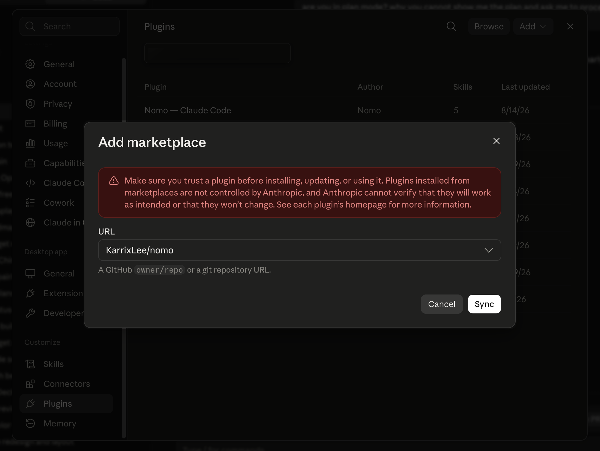 The Claude desktop app's Add marketplace dialog with KarrixLee/nomo entered as the URL