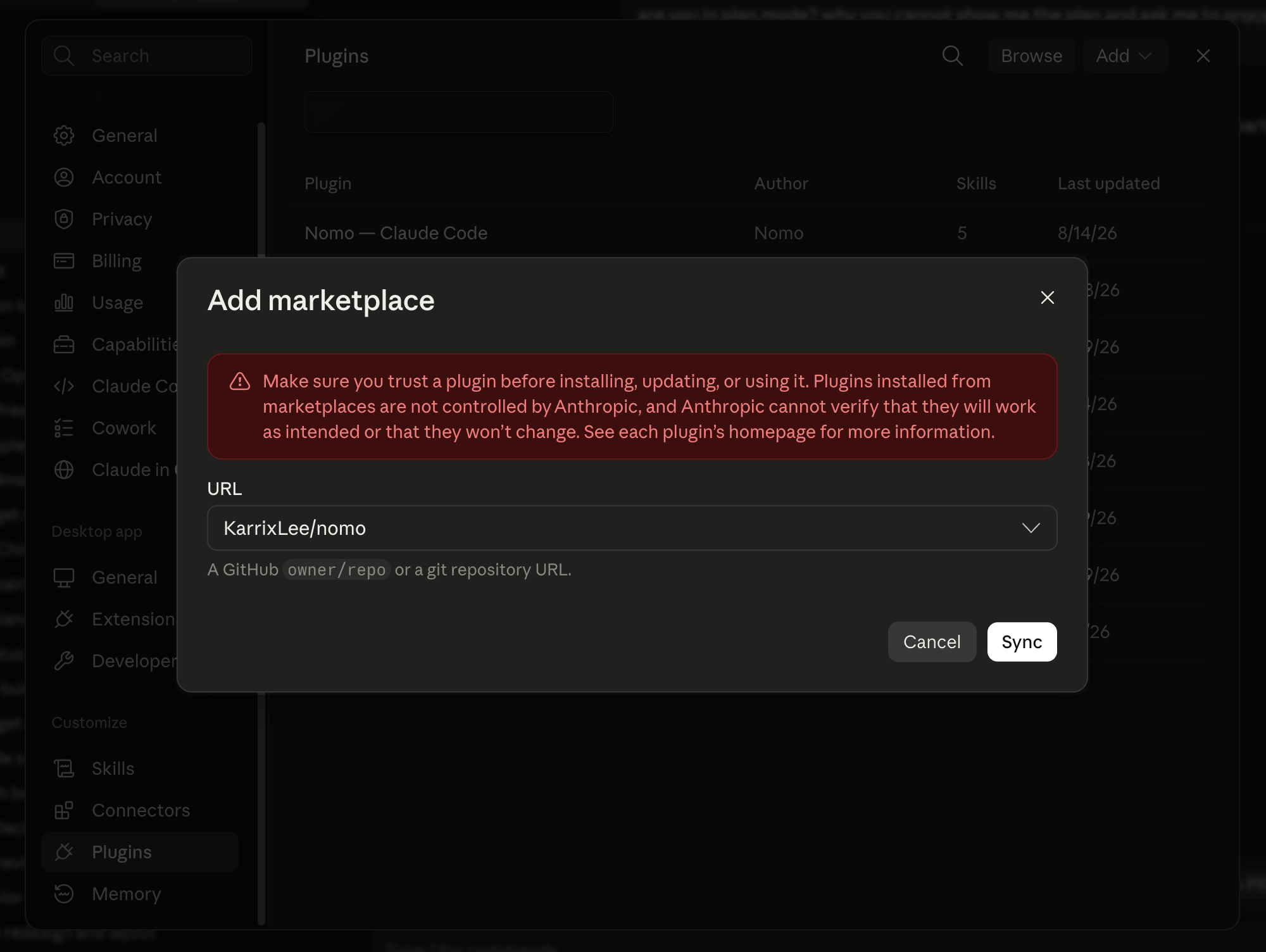 The Claude desktop app's Add marketplace dialog with KarrixLee/nomo entered as the URL