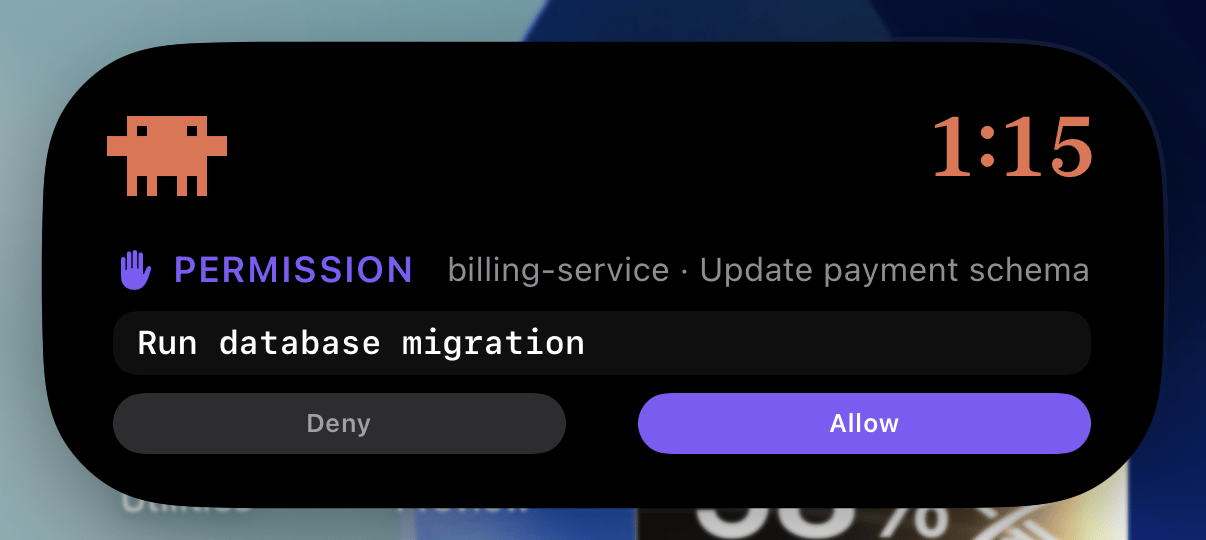 拡張表示の Dynamic Island。データベースのマイグレーションを実行するコマンドの許可リクエストと、「拒否」「許可」のボタンが表示されている