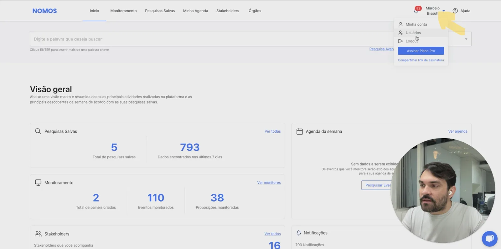 Menu de usuários da plataforma