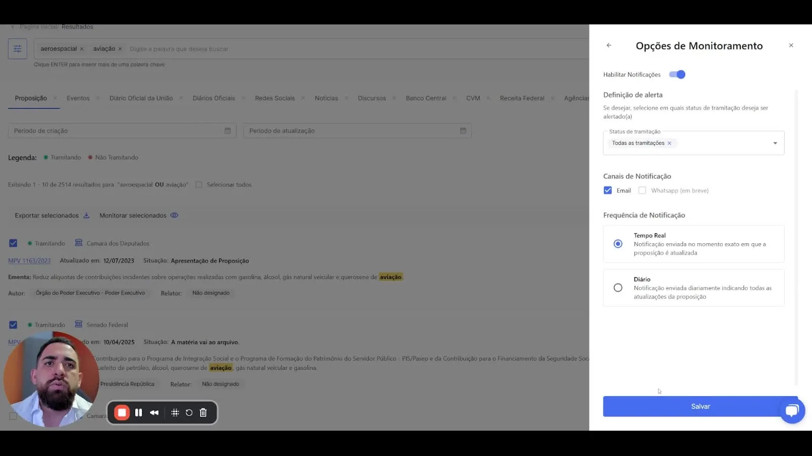Configuração das notificações