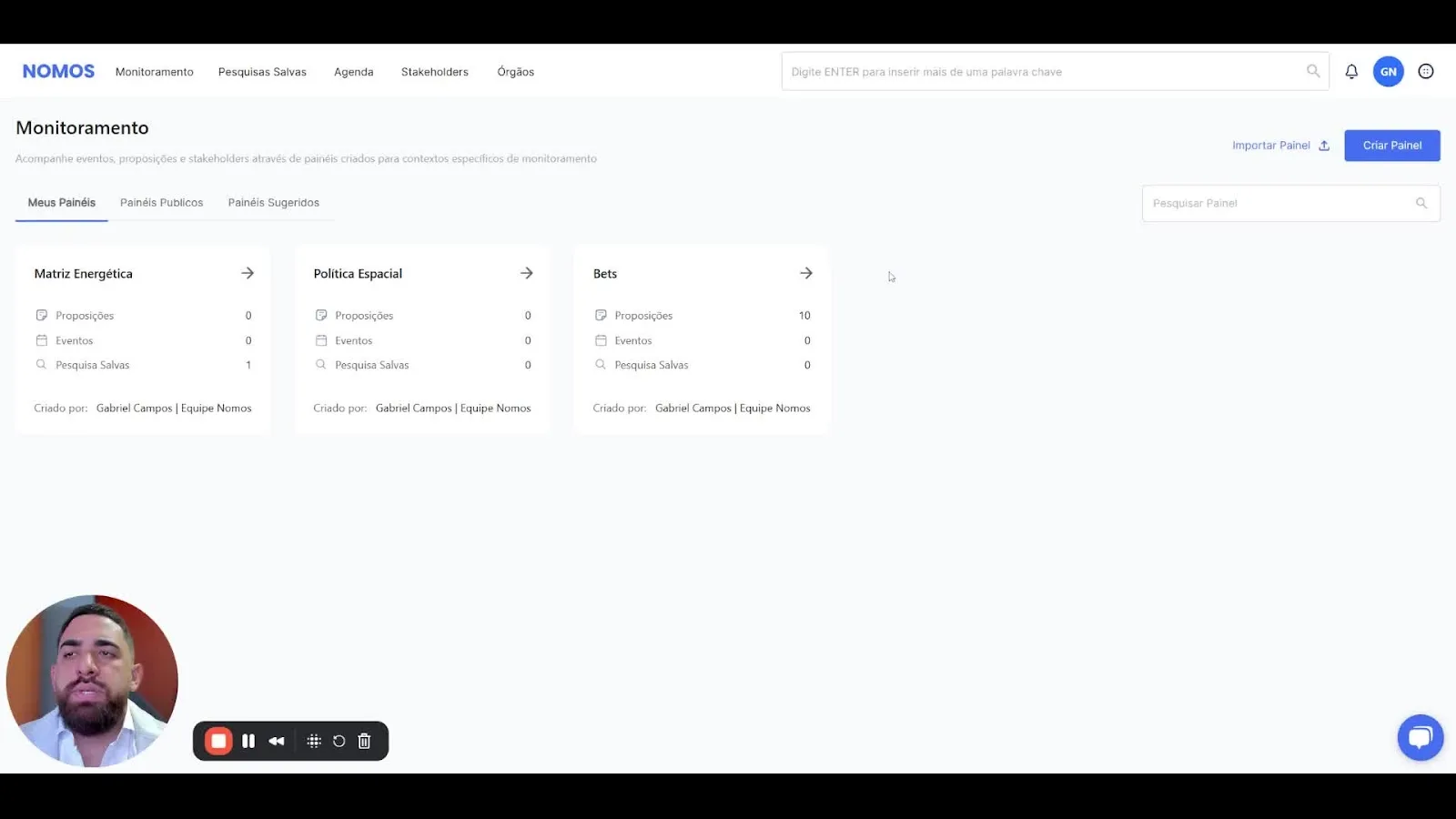 Lista de painéis de monitoramento
