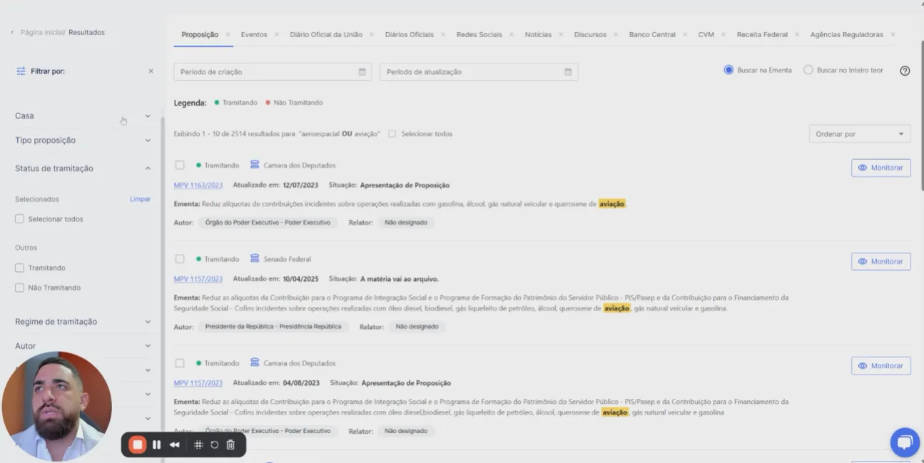 Filtros de tramitação e período