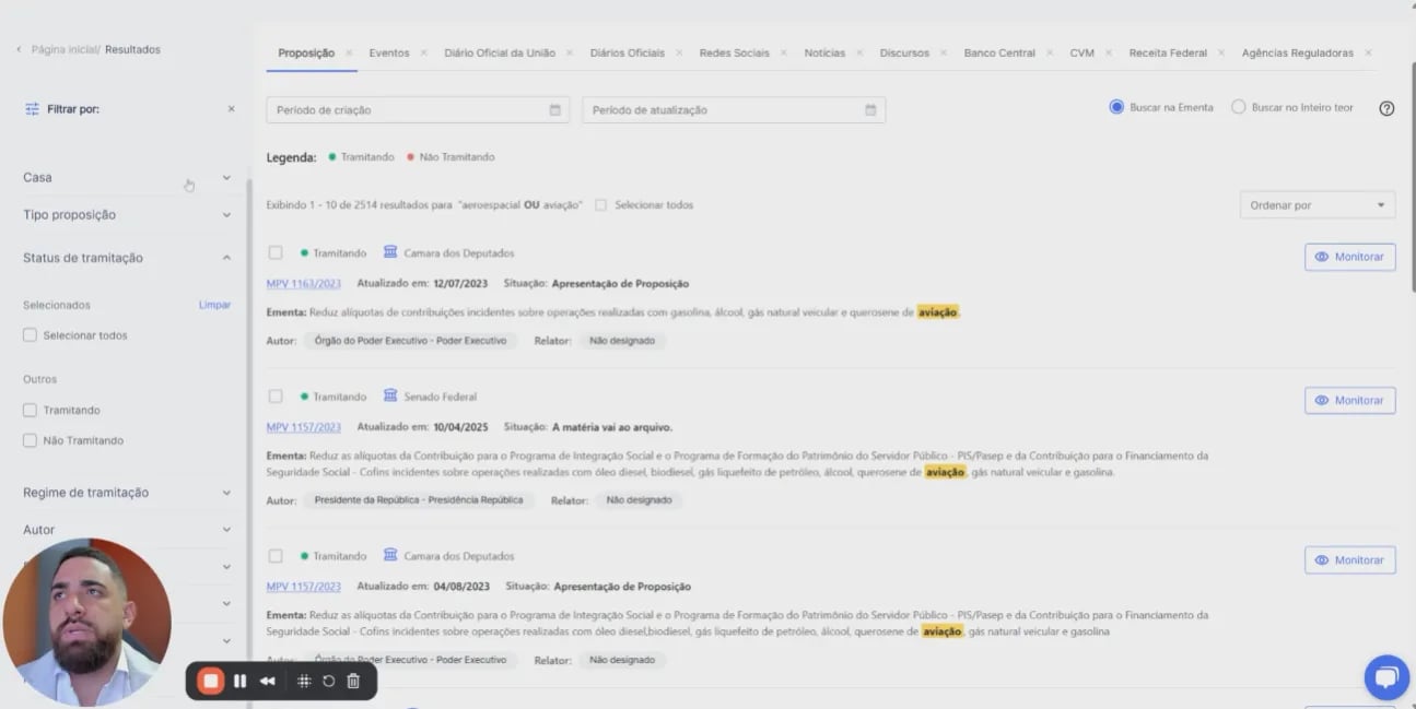 Filtros de tramitação e período