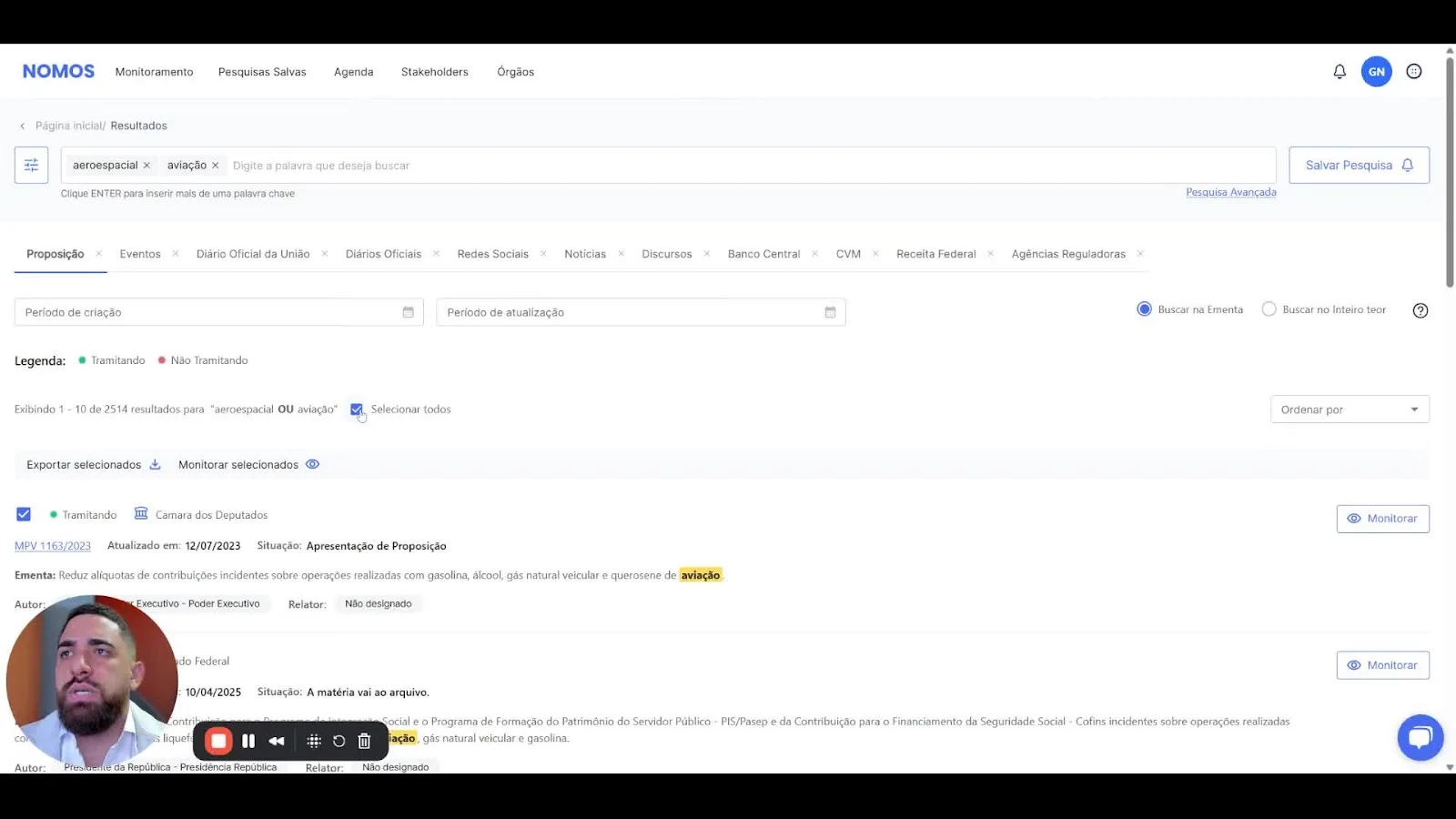 Botão de monitorar selecionados