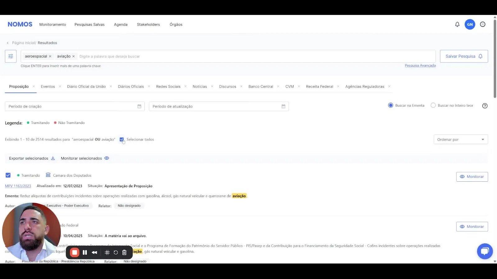 Botão de monitorar selecionados