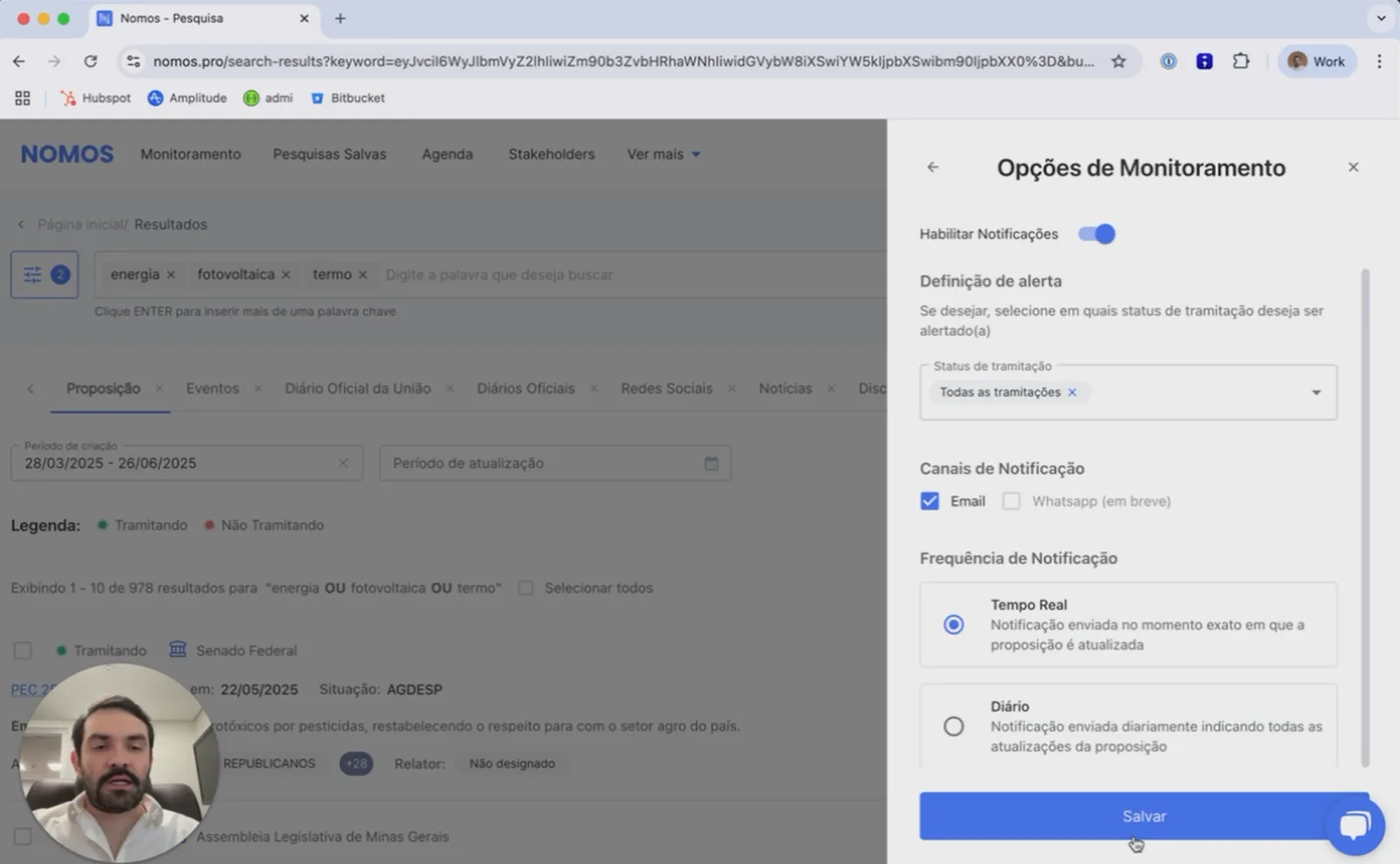 Configuração de frequência dos alertas