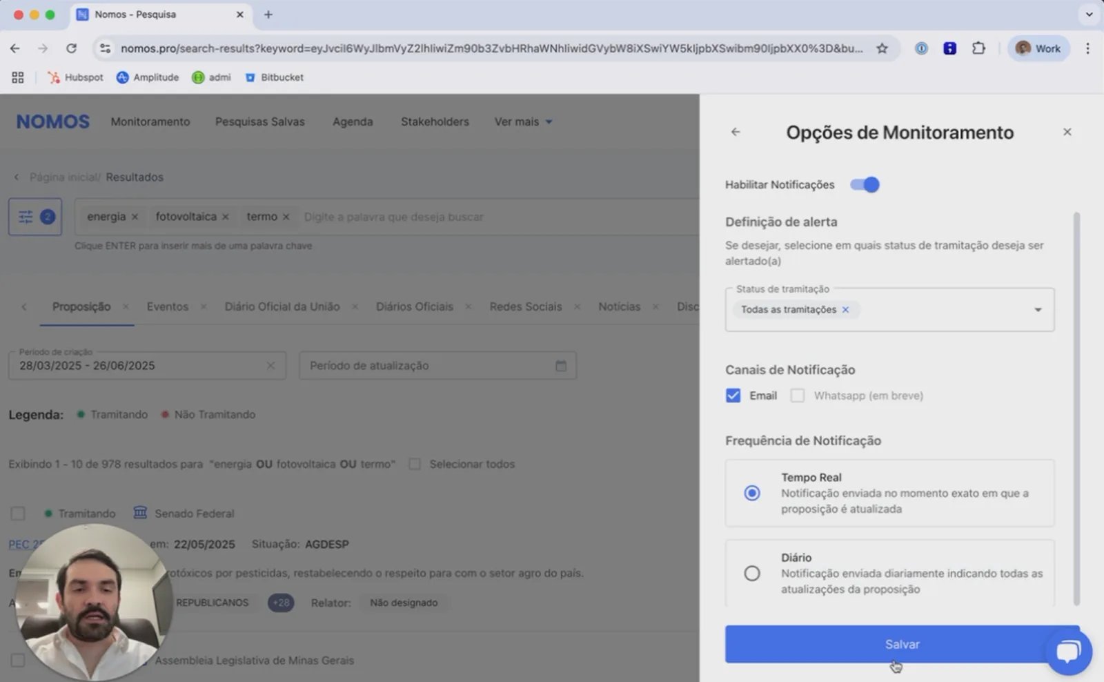 Configuração de frequência dos alertas