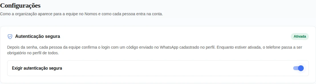 Cartão Autenticação segura com a opção ativada
