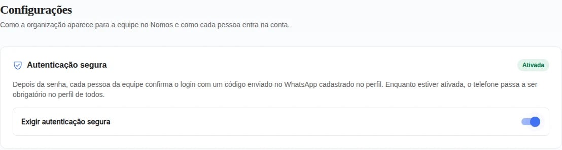 Cartão Autenticação segura com a opção ativada