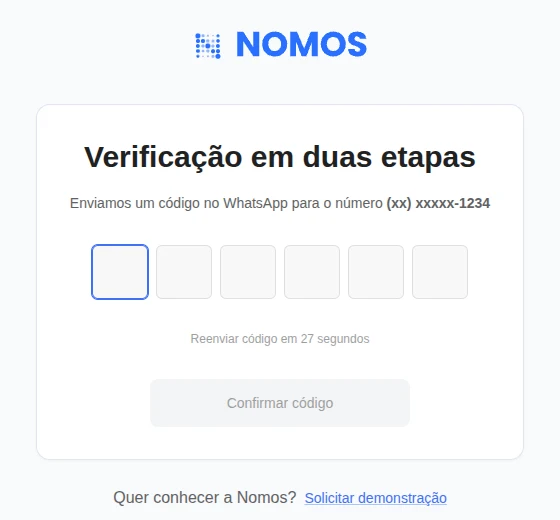 Tela Verificação em duas etapas com seis campos para o código recebido no WhatsApp