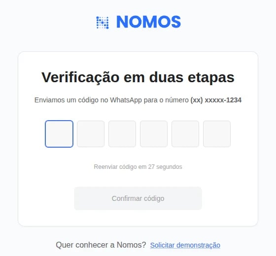 Tela Verificação em duas etapas com seis campos para o código recebido no WhatsApp