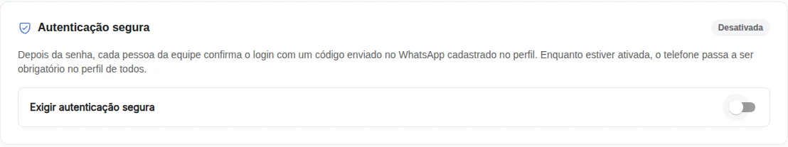 Cartão Autenticação segura com a opção desativada