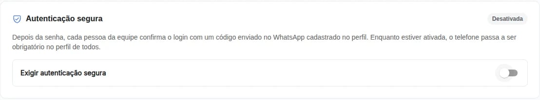 Cartão Autenticação segura com a opção desativada