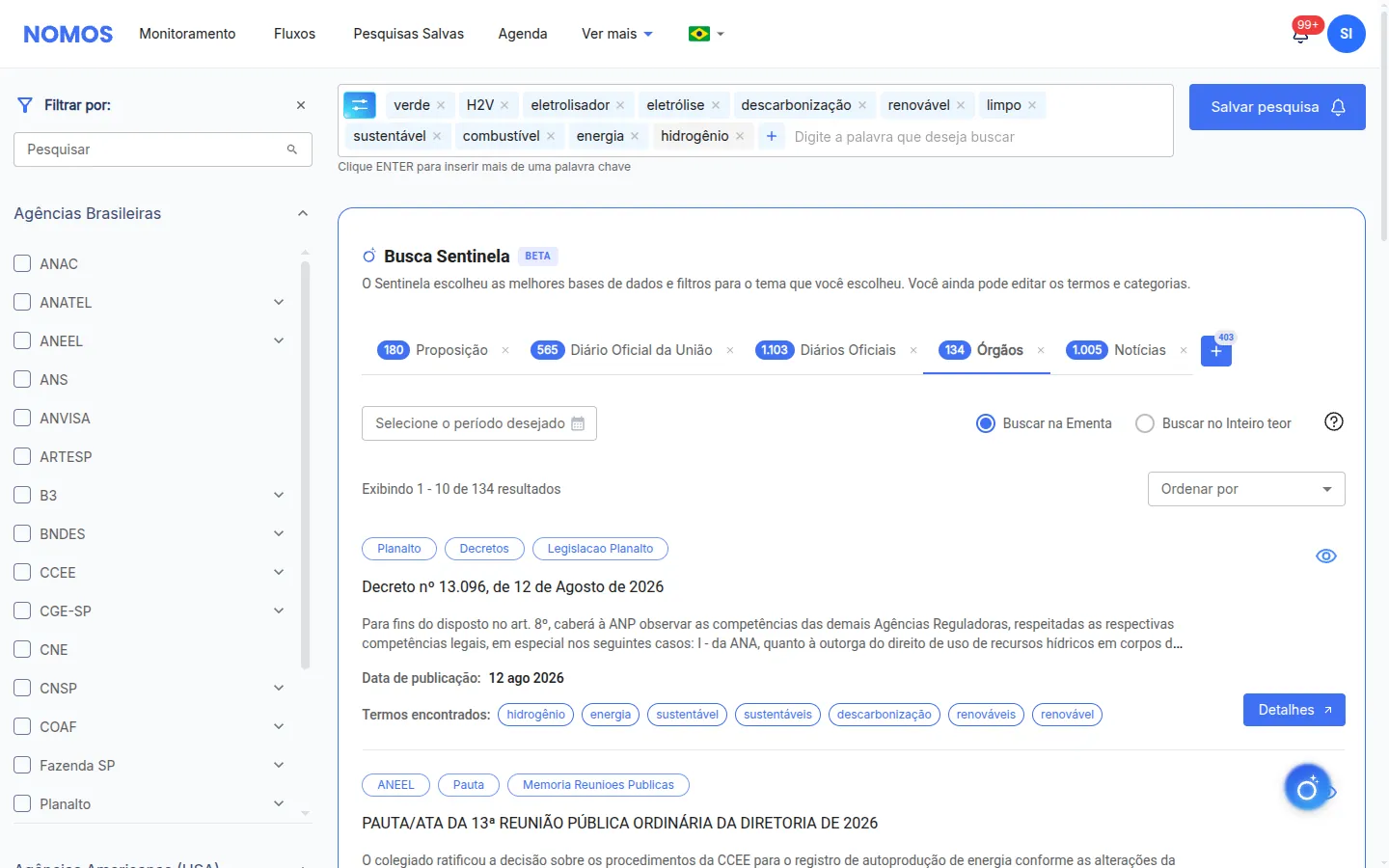 Aba Órgãos com o Decreto nº 13.096 de 2026 e uma pauta da ANEEL nos resultados, e a lista de agências brasileiras no filtro da esquerda