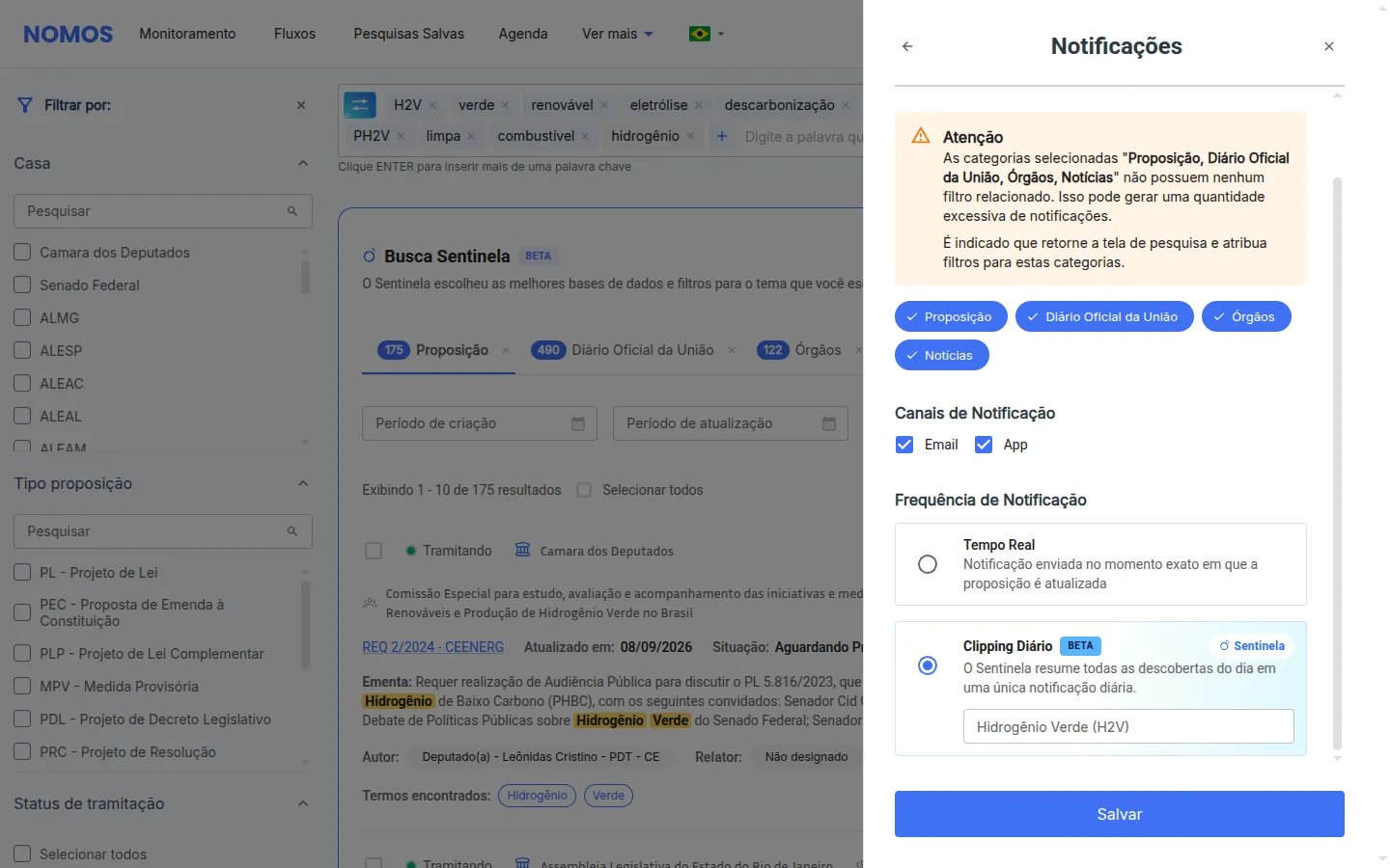 Configurações de alerta com as categorias selecionadas, canais e-mail e app, e a opção Clipping Diário do Sentinela marcada