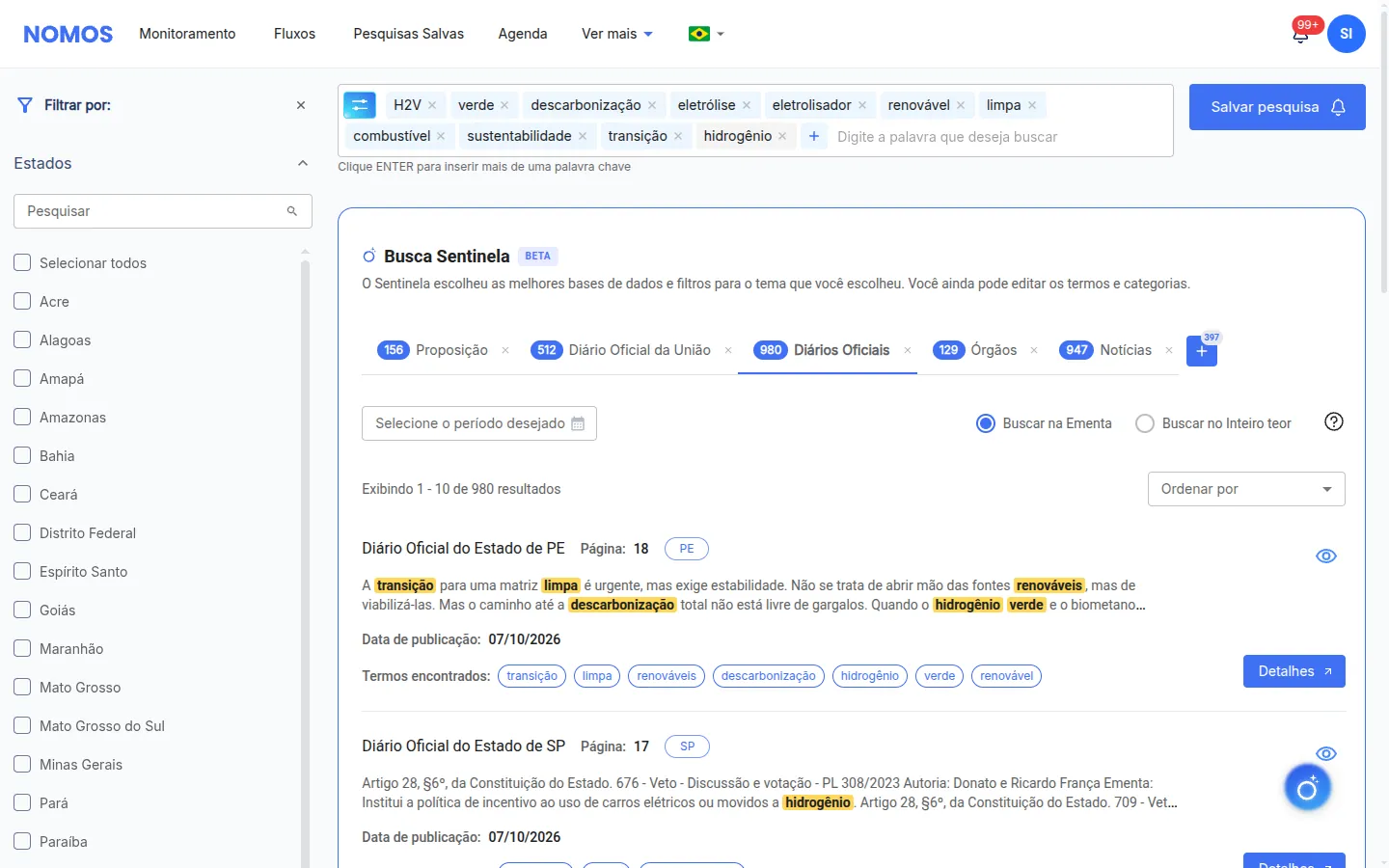 Aba Diários Oficiais com resultados dos diários oficiais de Pernambuco e São Paulo e o filtro de Estados na coluna da esquerda