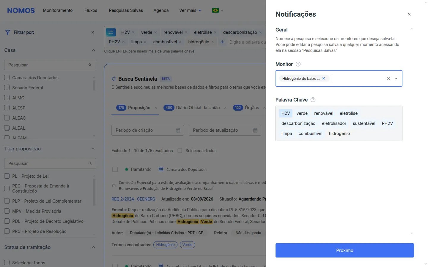 Painel lateral Notificações com o monitor Hidrogênio de baixo carbono selecionado e as palavras-chave da pesquisa