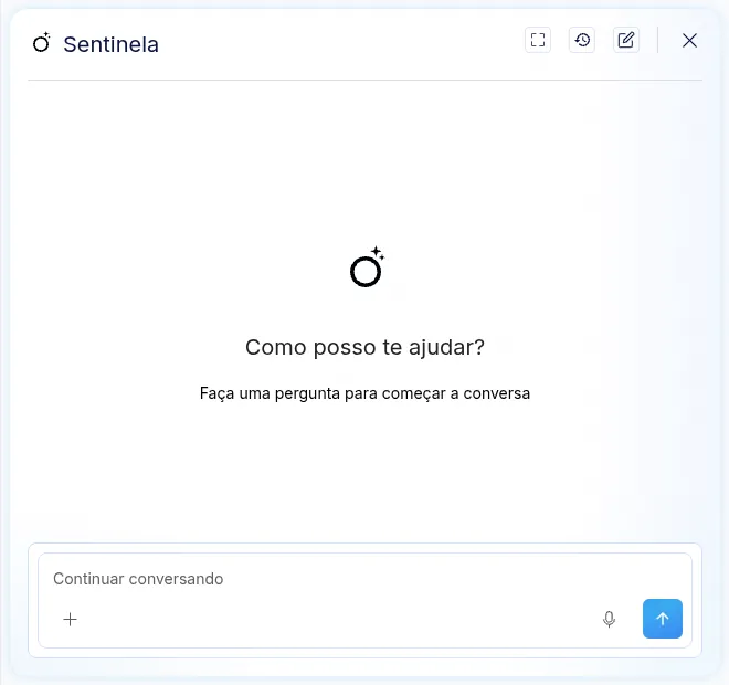 Chat do Sentinela aberto, vazio, com a pergunta Como posso te ajudar e a caixa de mensagem