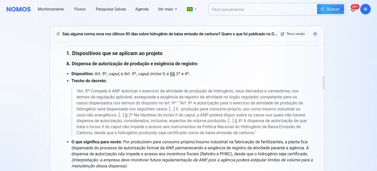 Trecho da resposta do Sentinela com o título Dispositivos que se aplicam ao projeto: o ponto Dispensa de autorização de produção, com os arts. 8º e 9º do decreto transcritos entre aspas e o que isso significa para a empresa