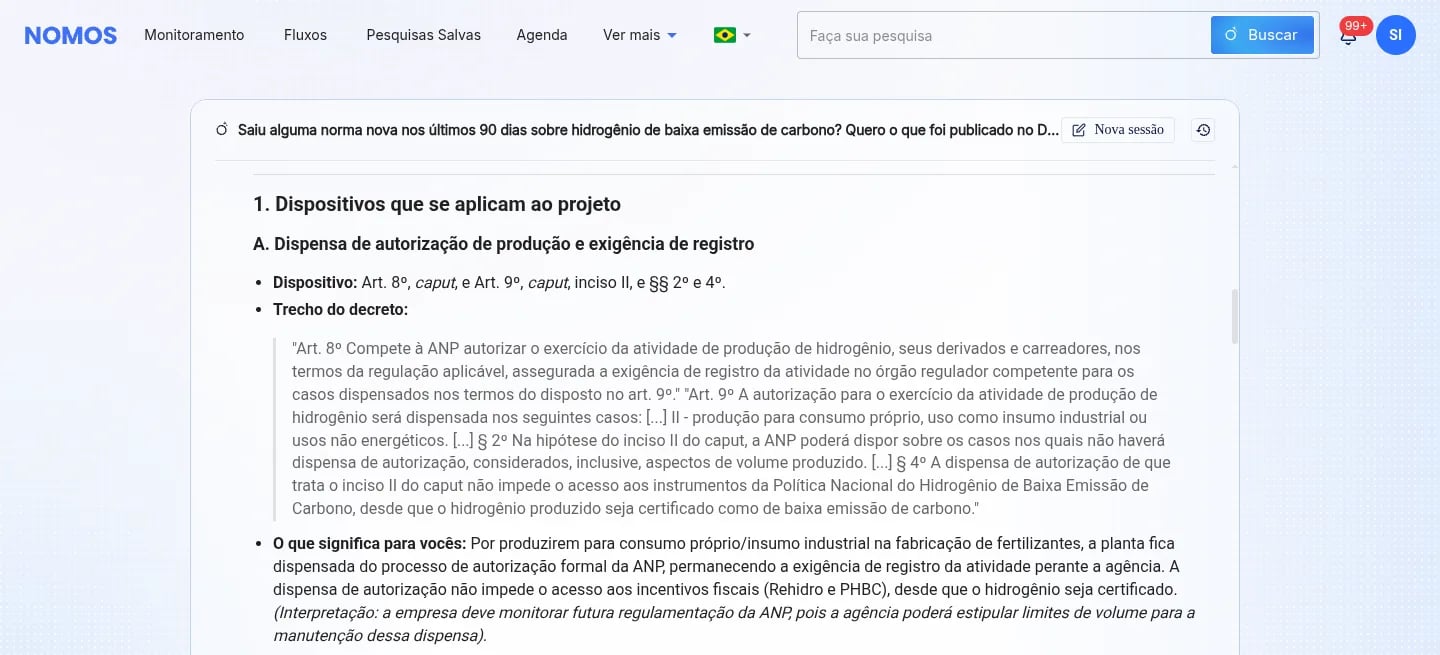 Trecho da resposta do Sentinela com o título Dispositivos que se aplicam ao projeto: o ponto Dispensa de autorização de produção, com os arts. 8º e 9º do decreto transcritos entre aspas e o que isso significa para a empresa