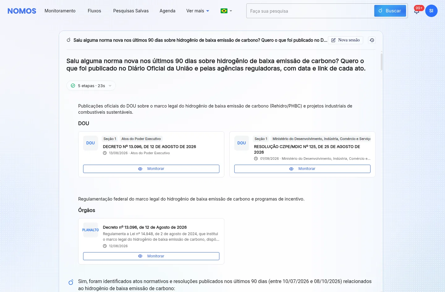Resposta do Sentinela com cartões do Diário Oficial da União e do Planalto, incluindo o Decreto nº 13.096 de 12 de agosto de 2026 e a Resolução CZPE/MDIC nº 125 de 2026, cada um com o botão Monitorar