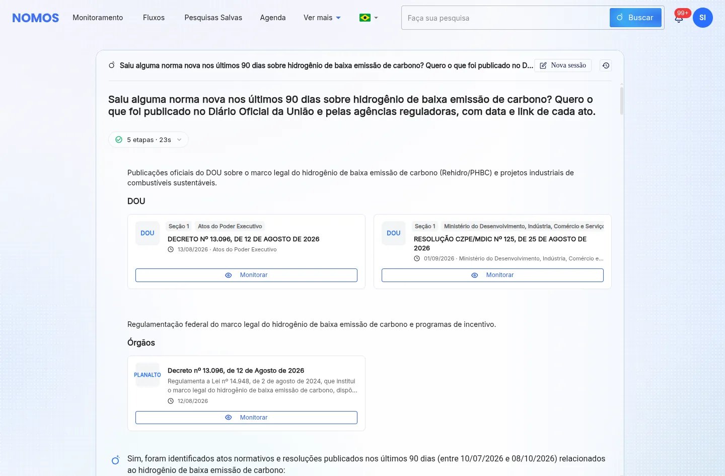Resposta do Sentinela com cartões do Diário Oficial da União e do Planalto, incluindo o Decreto nº 13.096 de 12 de agosto de 2026 e a Resolução CZPE/MDIC nº 125 de 2026, cada um com o botão Monitorar