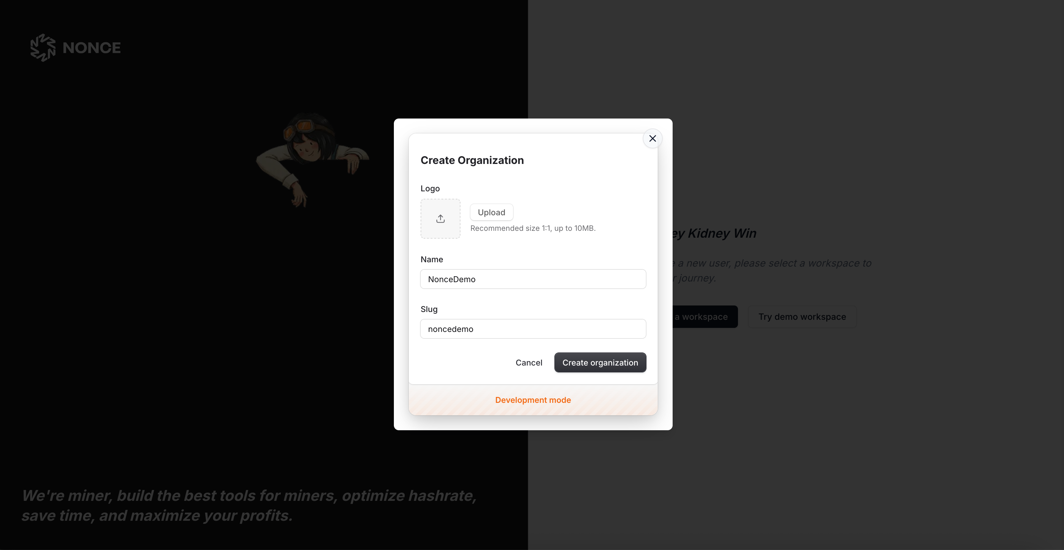 Create workspace dialog with name and region fields