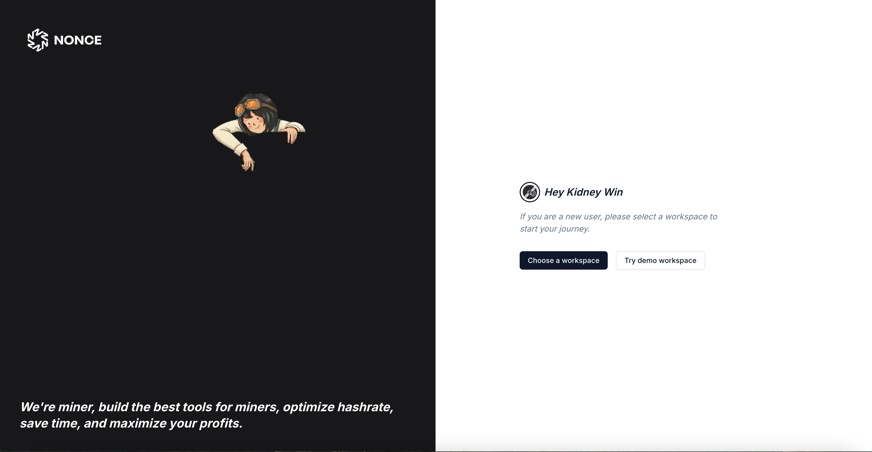 Nonce dashboard after logging in