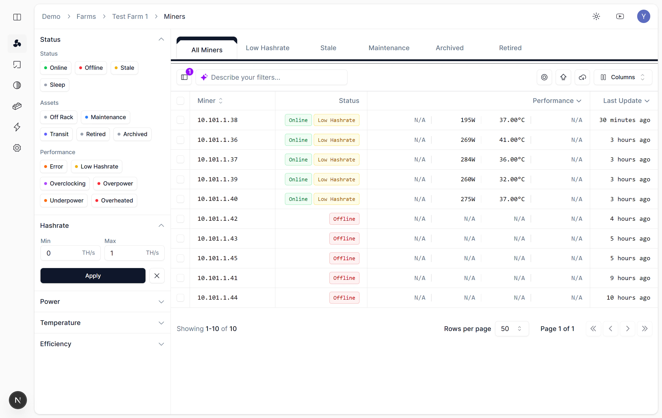 Hashrate 过滤面板,Min: 0、Max: 1