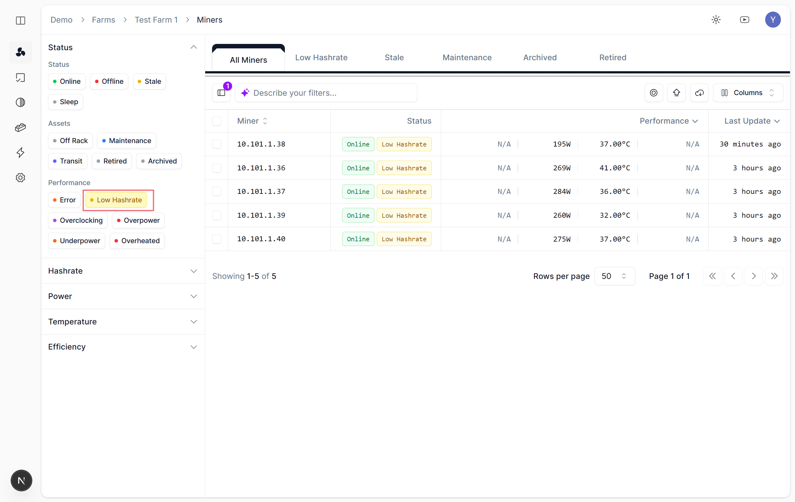 Performance 标签中的 Low Hashrate 状态