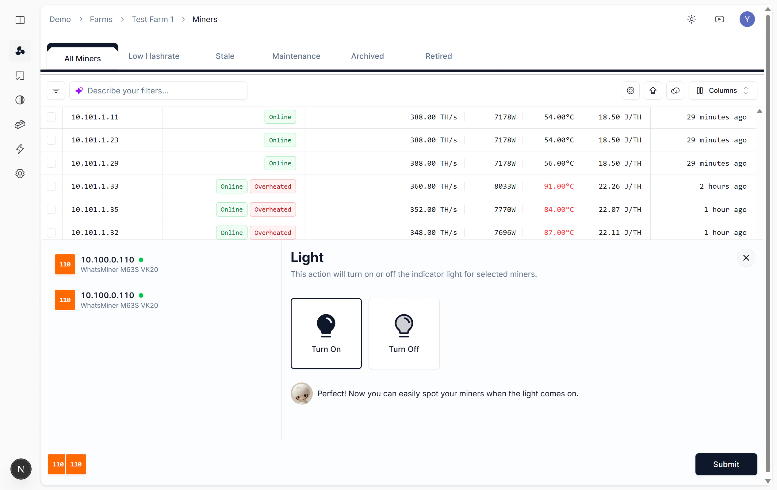 Indicator light in batch operations menu