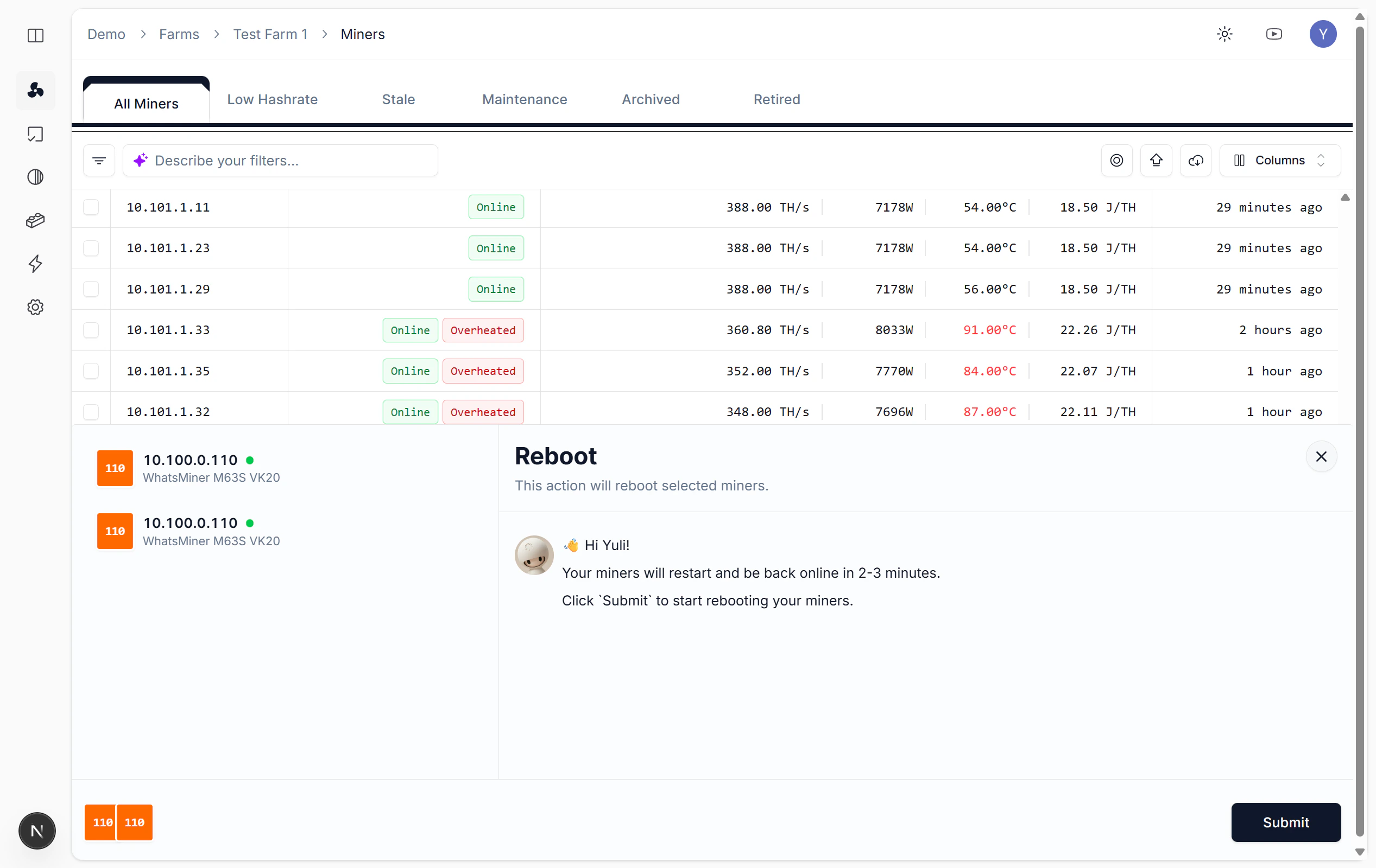 Reboot in batch operations menu